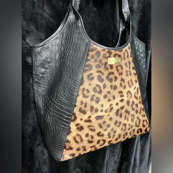 🐆🖤Vintage BRAHMIN Leopard print calf hair & Genuine Leather Shopper Tote Bag🐆EUC - Picture 13 of 17
